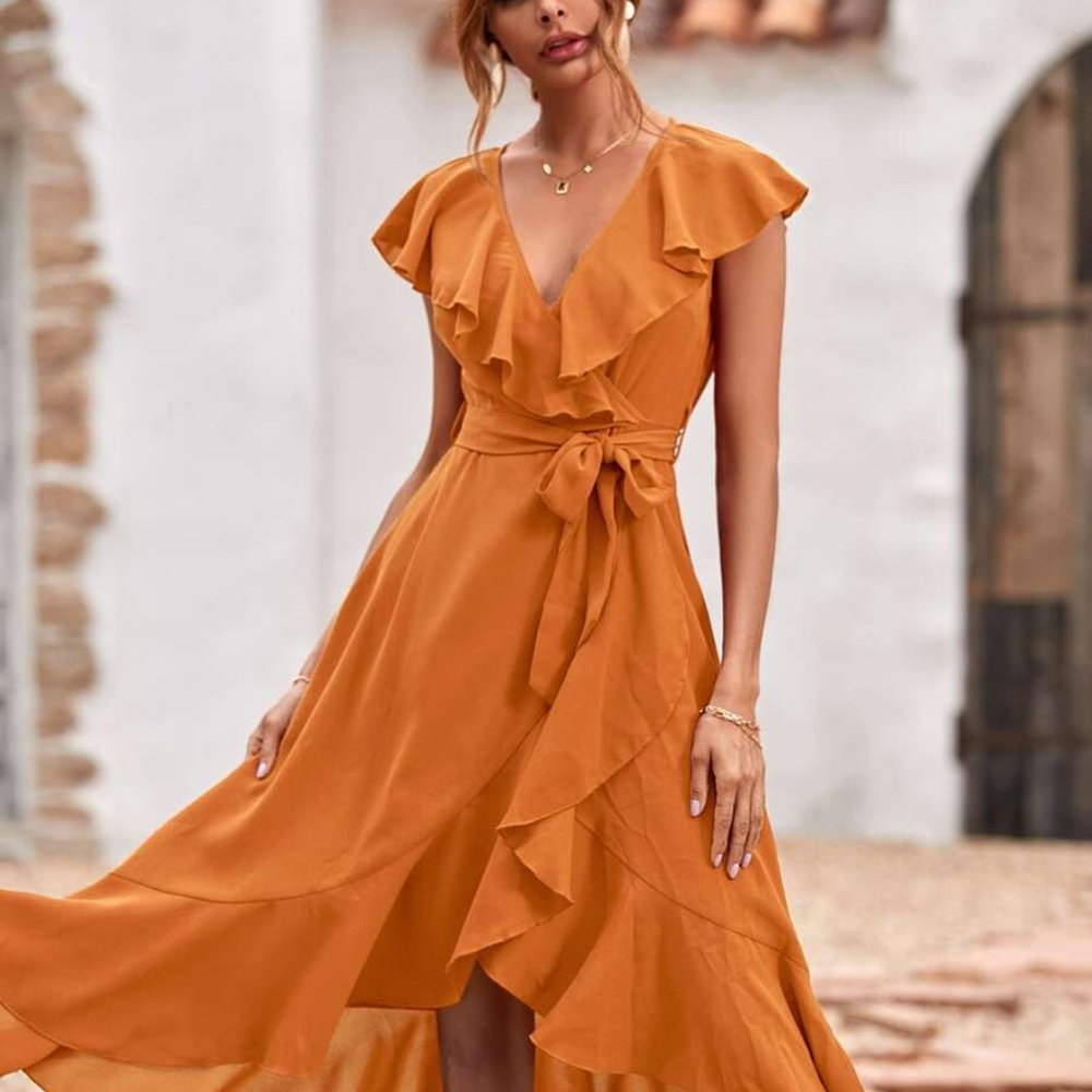 Boho Dusty Blue ruffle hem wrap belted Maxi Dress - Picture 8 of 12
